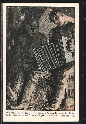 Künstler-AK Soldat spielt Akkordeon, weitere singen dazu