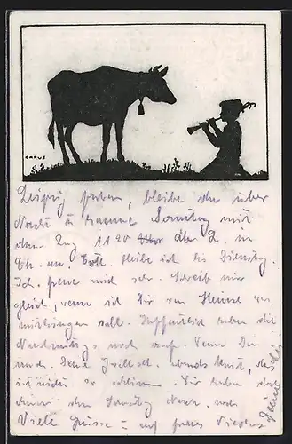 Künstler-AK Carus: Bube spielt Flöte, Kuh hört zu, Schattenbild