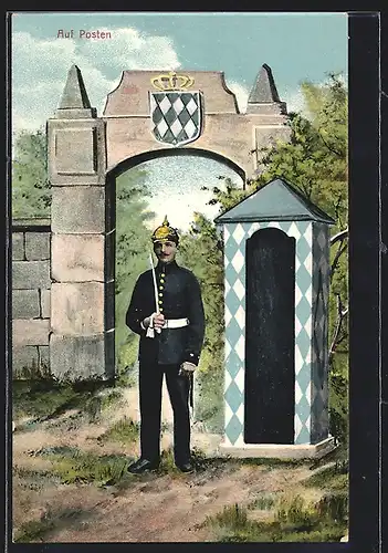 AK Soldat mit Pickelhaube auf Posten