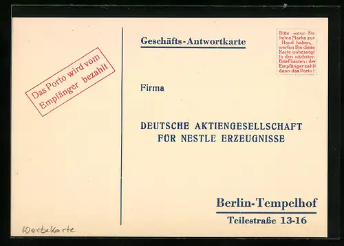 AK Berlin-Tempelhof, Deutsche Aktiengesellschaft für Nestlé Erzeugnisse, Geschäfts-Antwortkarte