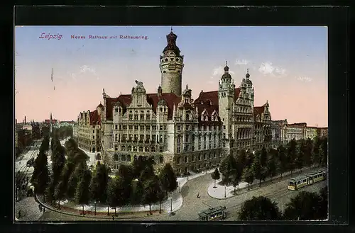 AK Leipzig, Neues Rathaus mit Rathausring, Strassenbahn