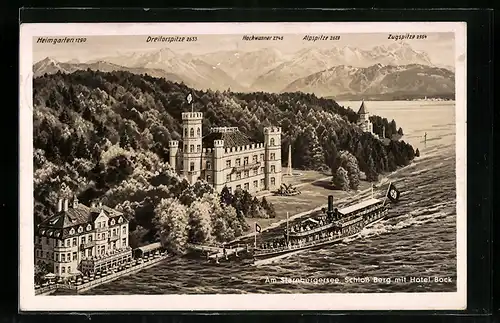 AK Starnberg / Starnberger See, Schloss Berg mit Hotel Bock, Dampfer an der Anlegestelle, Gipfelpanorama
