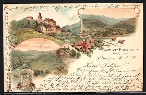 Lithographie Gernsbach, Blick auf das Schloss Eberstein
