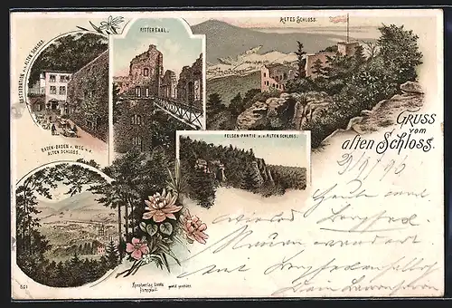 Lithographie Baden-Baden, Altes Schloss, Rittersaal, Felsen-Partie, Restauration