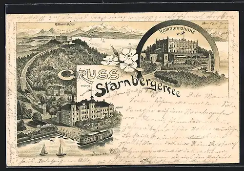 Lithographie Starnberg, Rottmannshöhe, Hotel Leoni, Dampfer