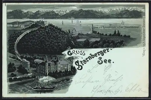 Lithographie Starnberg, Ortspanorama mit Bismarckdenkmal