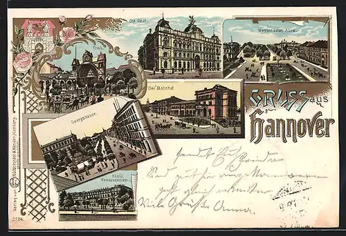 Lithographie Hannover, Totalansicht mit Bahnhof und Georgenstrasse