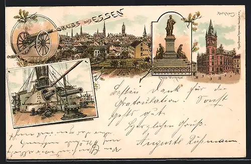 Lithographie Essen, Rathaus, Krupp-Denkmal, Kanone auf einem Kriegsschiff, Neujahrsgruss