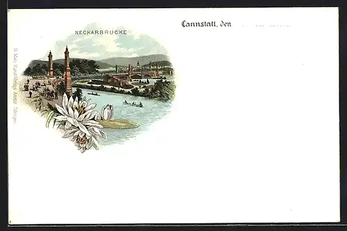 Lithographie Cannstatt, Uferpromenade mit Neckarbrücke