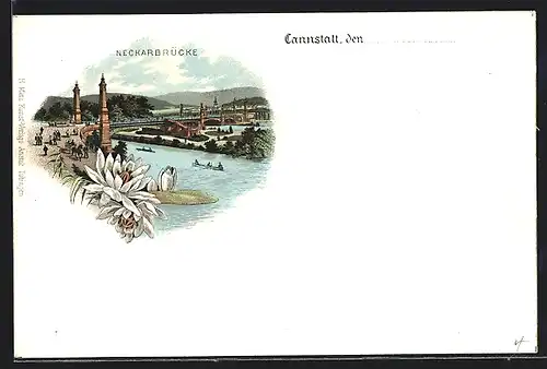 Lithographie Cannstatt, Uferpromenade mit Neckarbrücke