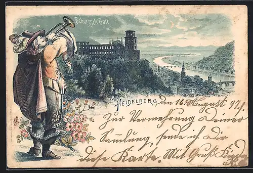 Lithographie Heidelberg, Behüt dich Gott, Trompeter vor der Stadt