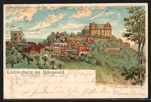 Lithographie Lichtenberg im Odenwald, Ortsansicht mit Schloss