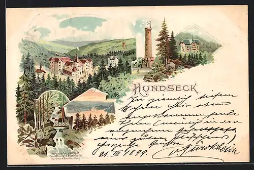 Lithographie Hundseck, Blick auf das Kurhaus, Aussichtsturm