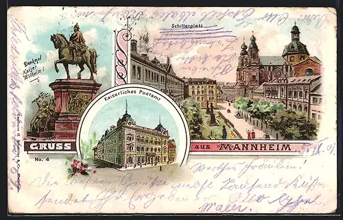 Lithographie Mannheim, Kaiserliches Postamt, Schillerplatz, Denkmal Kaiser Wilhelm I.