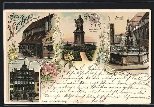 Lithographie Nürnberg, Peller-Haus, Bratwurstglöckchen, Hans Sachs-Denkmal, Tugend-Brunnen