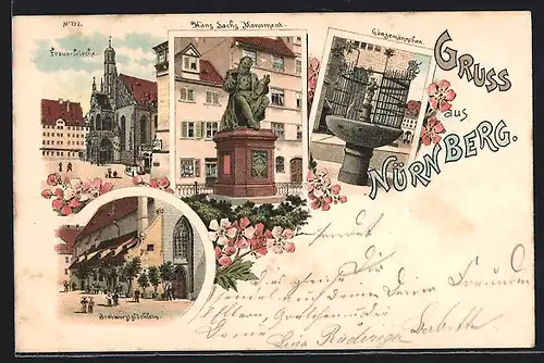Lithographie Nürnberg, Bratwurstglöcklein, Gänsemännchen, Frauenkirche