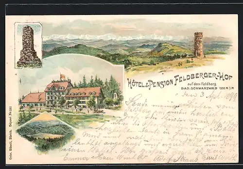 Lithographie Feldberg /Schwarzwald, Hotel & Pension Feldberger-Hof mit Panoramablick