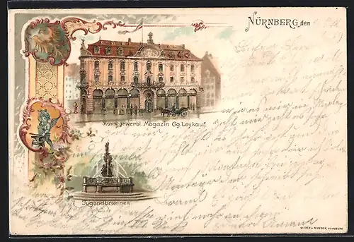 Lithographie Nürnberg, Kunstgewerbliches Magazin Gg. Leykauf, Tugendbrunnen, Pferdekutsche, Engel