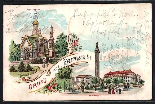 Lithographie Darmstadt, Louisenplatz mit Denkmal, Russ. Kapelle mit Mutter und Sohn