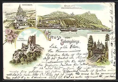 Lithographie Königswinter, Drachenburg u. Ruine Drachenfels, Zahnradbahn nach d. Drachenfels