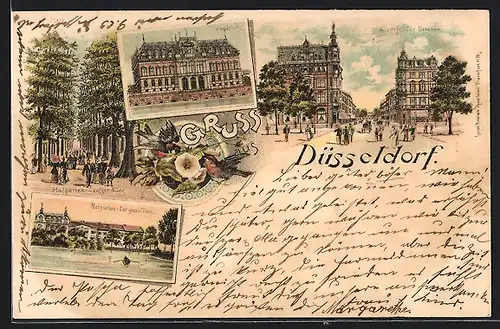 Lithographie Düsseldorf, Ständehaus, Elberfelder Strasse, Hofgarten mit grossem Teich
