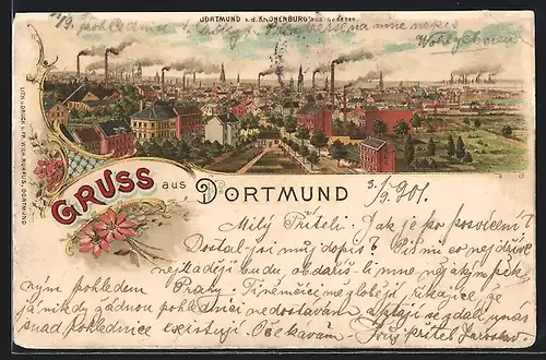 Lithographie Dortmund, Stadtansicht von der Kronenburg aus gesehen