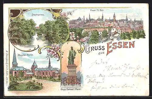 Lithographie Essen a. d. Ruhr, Stadtansicht, Stadtgarten, Münster-Kirche, Krupp-Denkmal