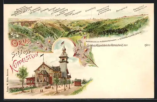 Lithographie Remscheid, Gasthaus Schloss Küppelstein, Rundblick vom Aussichtsturm