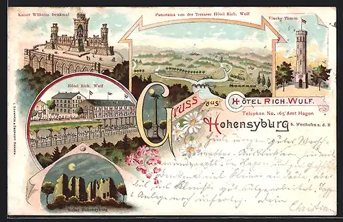 Lithographie Hohensyburg, Hotel v. Rich. Wulf, Vincke Turm, Panorama