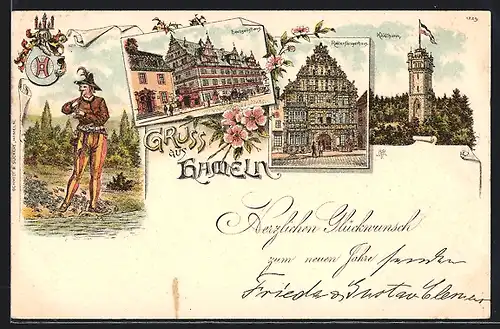 Lithographie Hameln, Klütturm, Rattenfängerhaus, Hochzeitshaus und der Rattenfänger