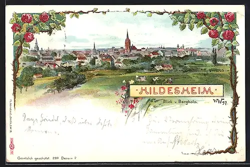 Lithographie Hildesheim, Blick von Bergholz auf den Ort