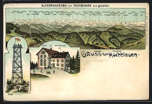 Lithographie Badenweiler, Hotel Hochblauen, Gebirgskette