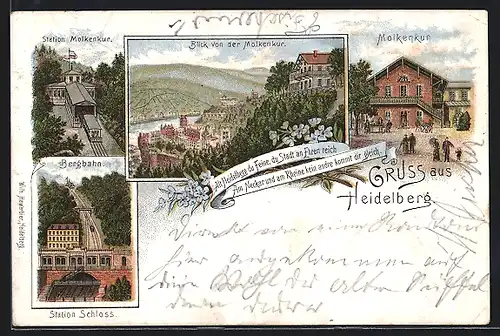 Lithographie Heidelberg, Gasthaus Molkenkur, Bergbahn, Ortsansicht