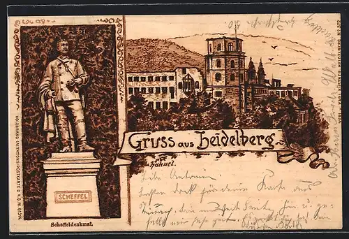 Lithographie Heidelberg, Scheffeldenkmal und Schloss