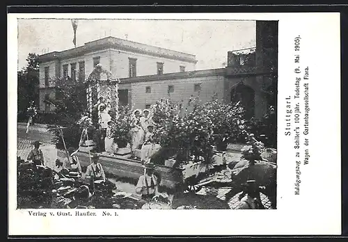 AK Stuttgart, Huldigungszug zu Schiller`s 100jähr. Todestag, Wagen der Gartenbaugesellschaft Flora