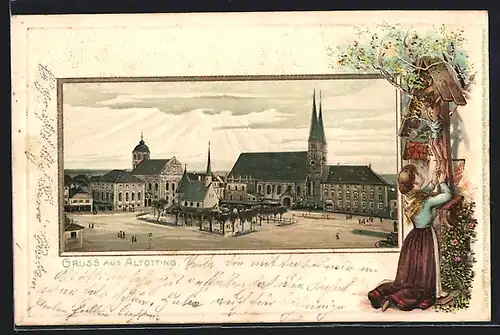 Passepartout-Lithographie Altötting, Marktplatz mit Gnadenkapelle, Betende am Wegkreuz