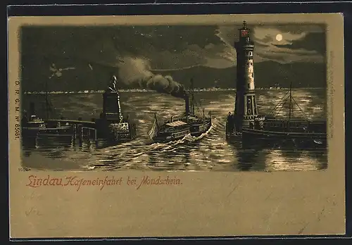 Lithographie Lindau am Bodensee, Hafeneinfahrt bei Mondschein