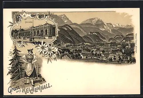 Lithographie Bad Reichenhall, Colonaden, Ortsansicht aus der Vogelschau, Frau in Tracht