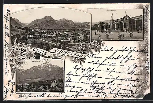 Lithographie Bad Reichenhall, Stadtansicht, Colonade, Gradirhaus