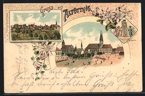 Lithographie Altötting, Gesamtansicht, Marktplatz mit Kirche, Gnadenbild