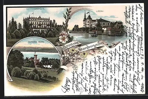 Lithographie Berg / Starnberger See, Rottmannshöhe, Leoni, Schloss Berg