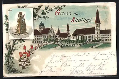 Lithographie Altötting, Gnaden-Mutter, Kirche mit Prozession