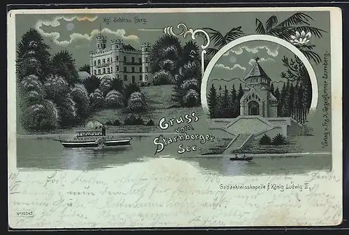 Lithographie Starnberg, Starnberger See, Kgl. Schloss Berg mit Dampfer