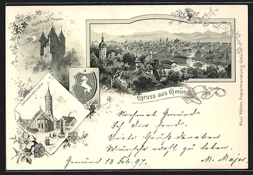 Lithographie Gmünd, Ortsansicht, Fünf-Knöpf-Thurm, Johanniskirche, Wappen