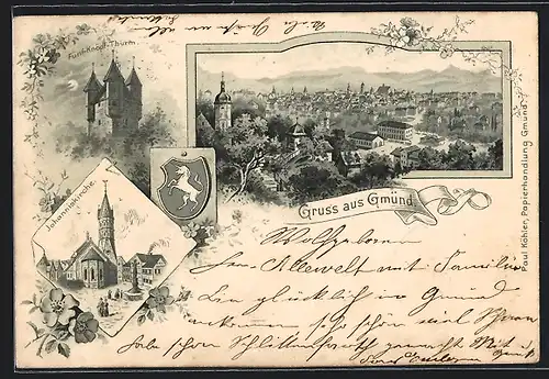 Lithographie Gmünd, Ortsansicht, Fünf-Knöpf-Thurm, Johanniskirche, Wappen