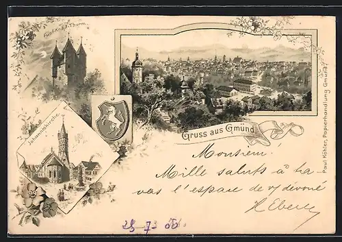 Lithographie Gmünd, Ortsansicht, Fünf-Knöpf-Thurm, Johanniskirche, Wappen