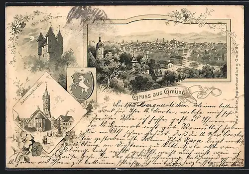 Lithographie Gmünd, Ortsansicht, Fünf-Knöpf-Thurm, Johanniskirche, Wappen