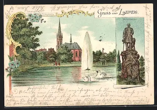 Lithographie Leipzig, Lutherkirche und Bismarckdenkmal