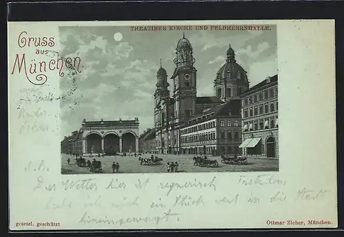 Mondschein-Lithographie München, Theatiner Kirche und Feldherrnhalle