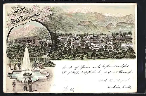 Lithographie Bad Reichenhall, Ortsansicht, Sole-Fontaine mit Kurgästen